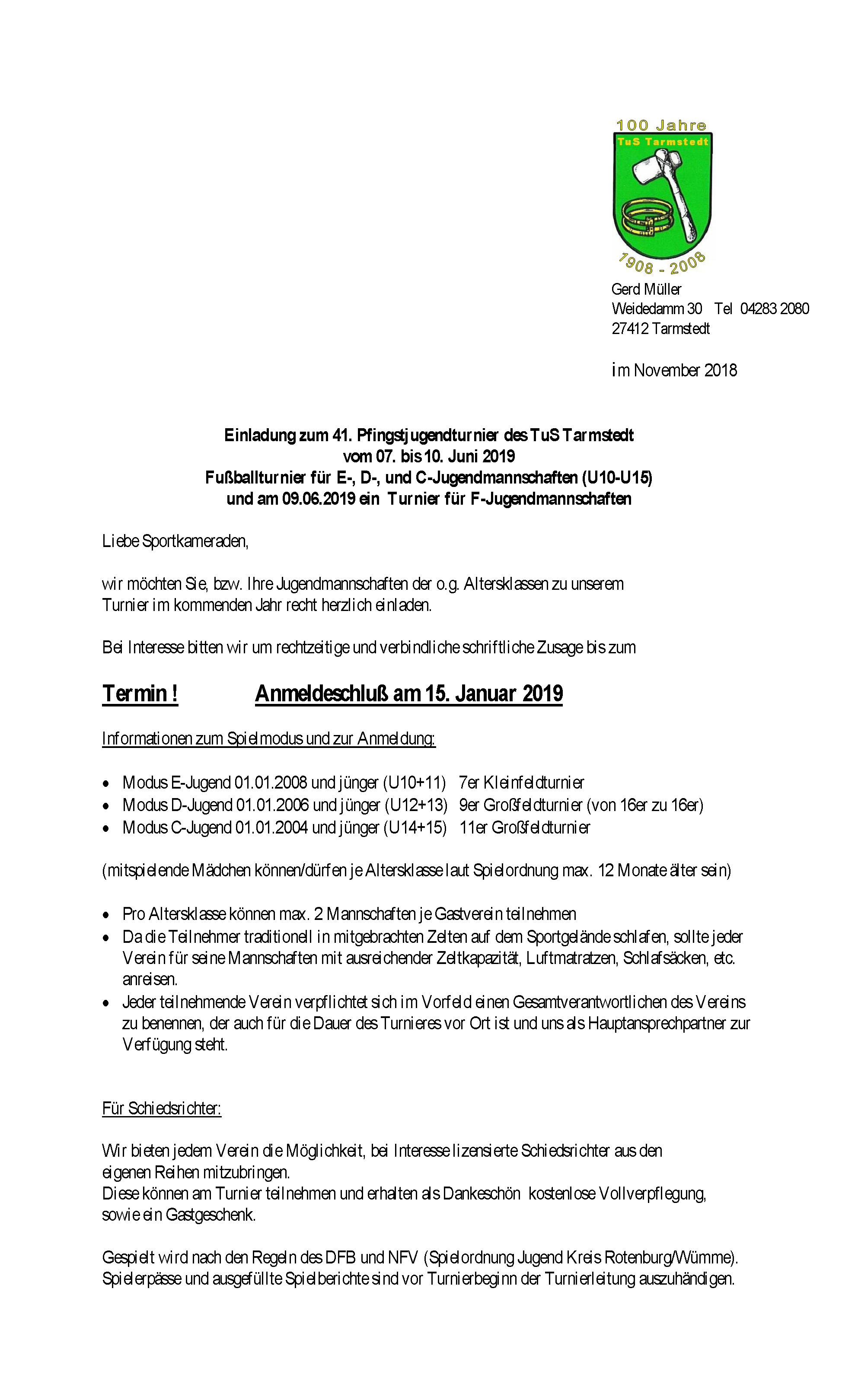 TuS Tarmstedt Pfingstturnier Einladung 2019 Seite 1